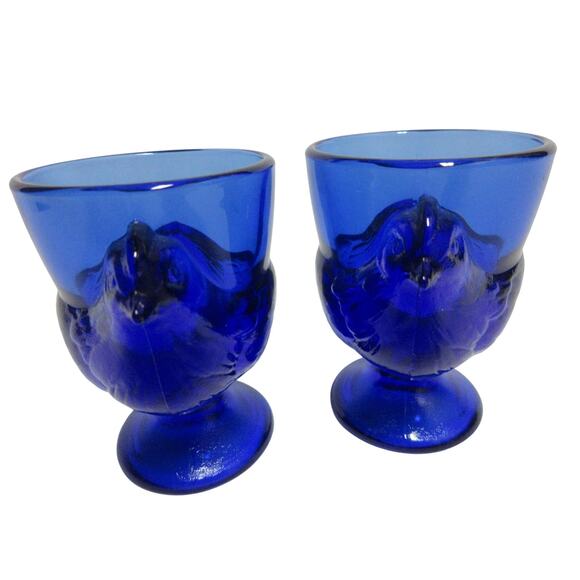Set Of 2 Vintage Cobalt Blue Glass Chicken Hen Egg Cup Holders 3" Tall - Picture 3 of 5